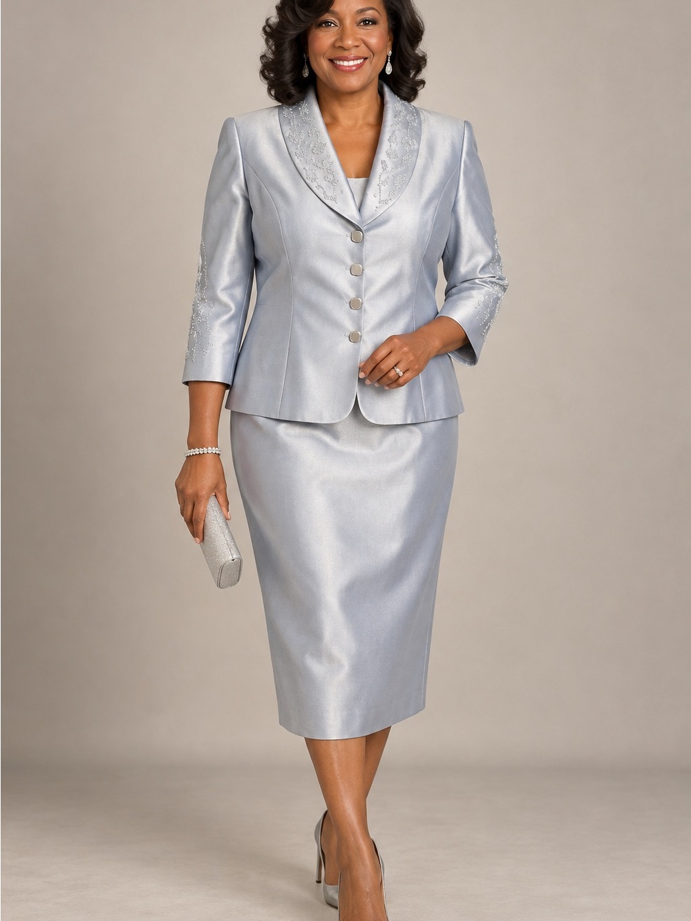 Sag Harbor Silver Satin Midi Skirt